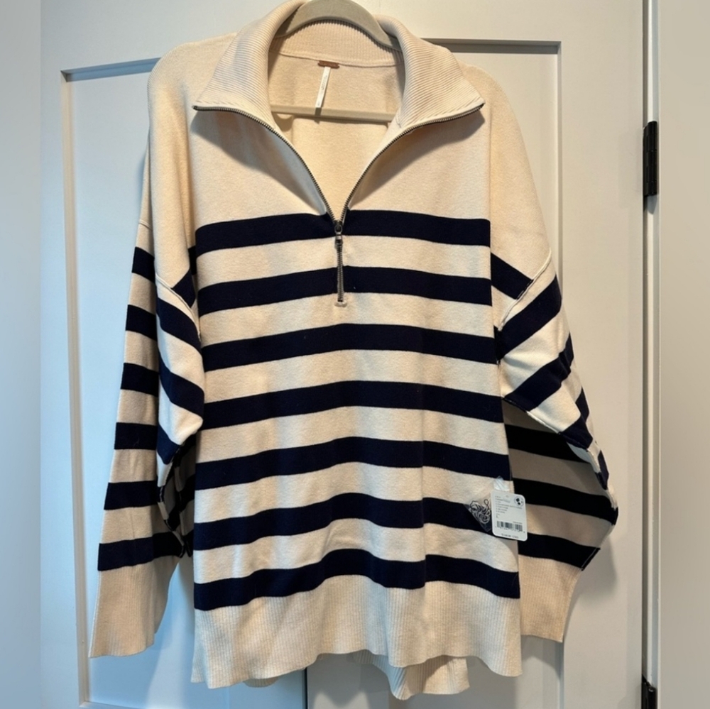 FREE PEOPLE Coastal Navy Cream Navy Striped Half Zip Pullover NWT - Picture 8 of 9